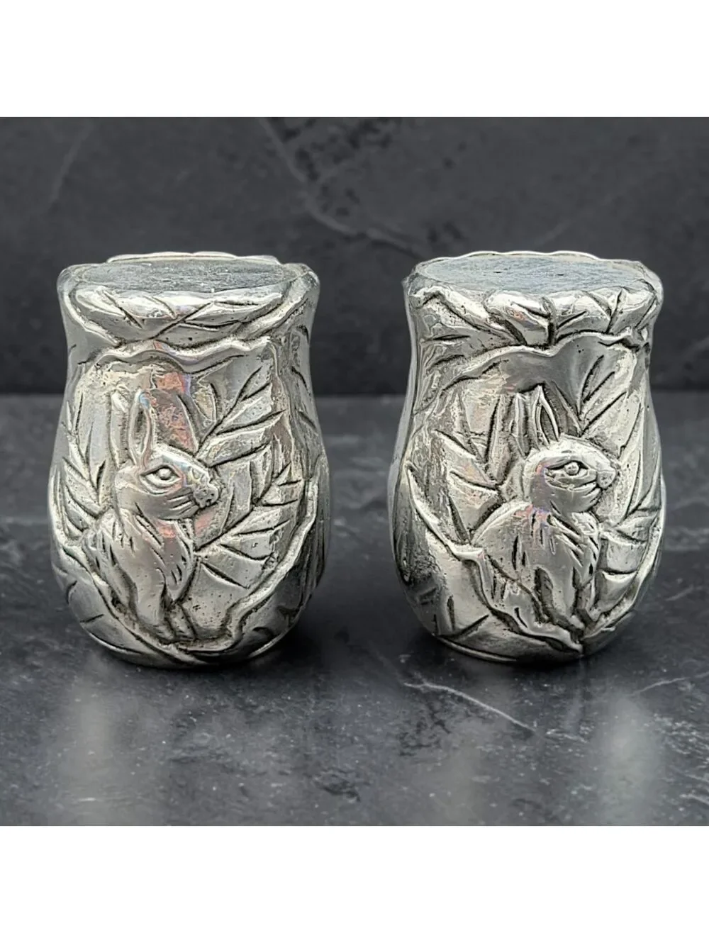 Vintage CRK 1991 Rabbit Salt & Pepper Shakers Silver Tone Bunny Pair